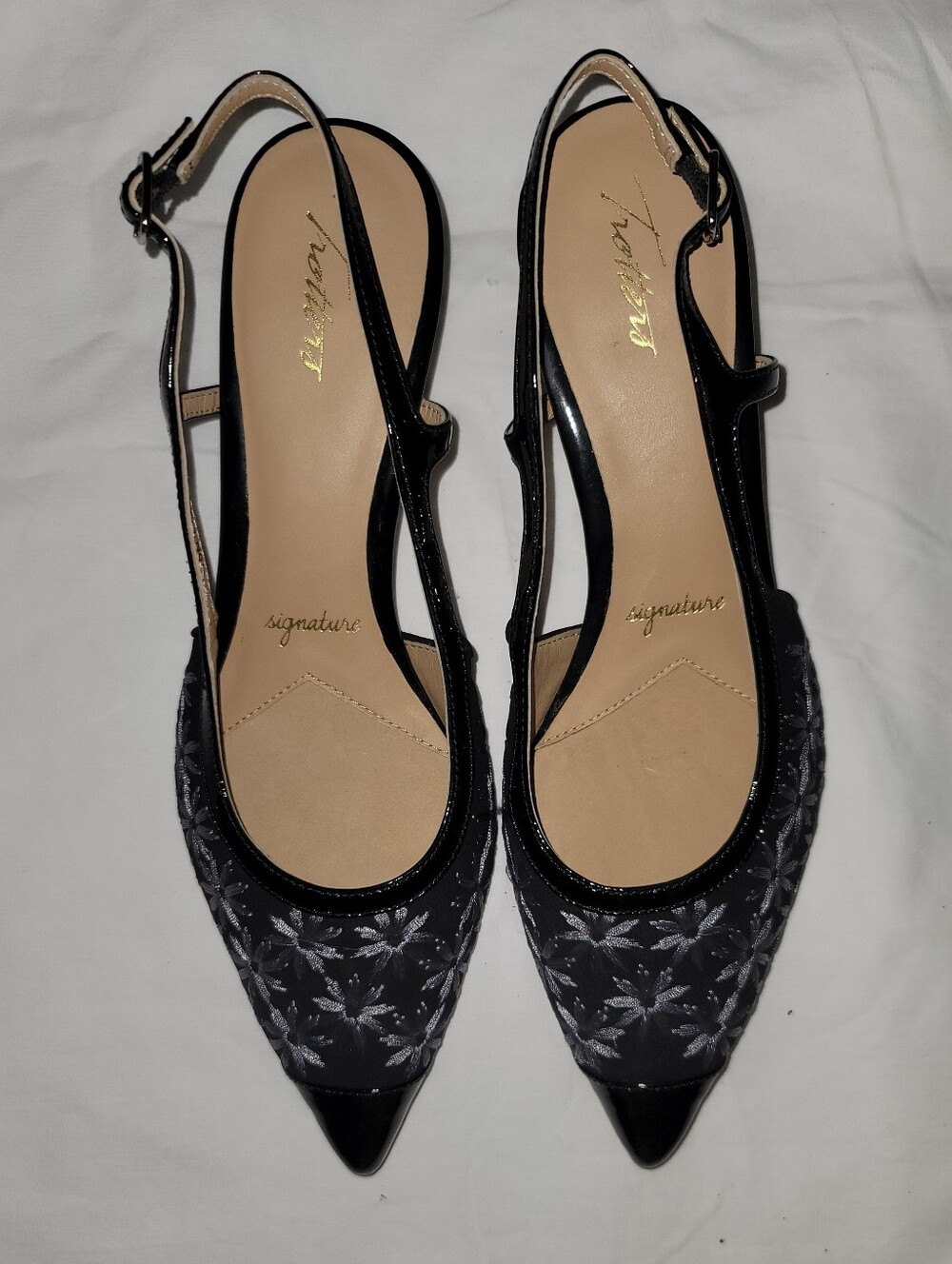 Trotters Signature Black Embroidered Pointed-Toe Slingback Heels